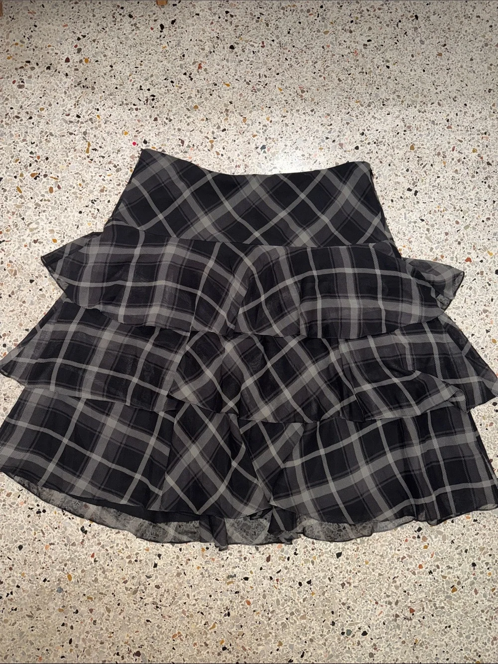 Ralph Lauren 100% silk grey gray black plaid tiered skirt 10
